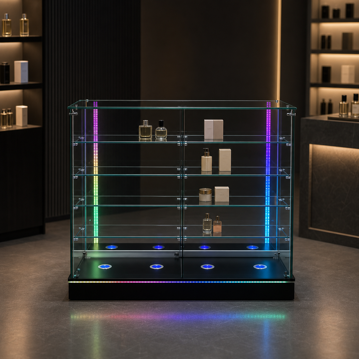 rgb-glass-showcase-sd-002-48in-1 48 in. RGB Lighted Glass Showcase – SD-002 - Image 1