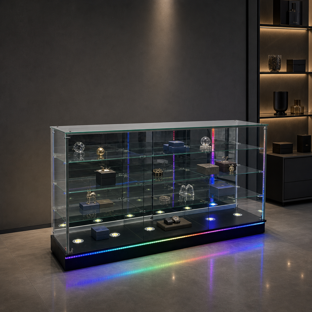 rgb-glass-showcase-sd-002-70in-1 70 in. RGB Lighted Glass Showcase – SD-002 - Image 1